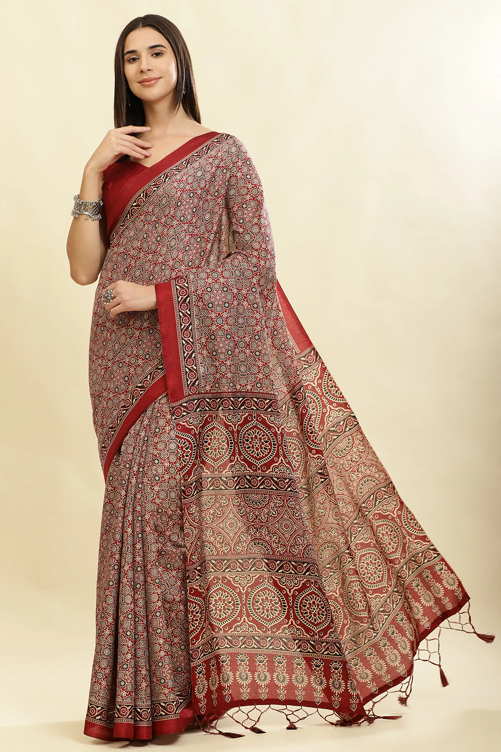 Maroon Cotton Silk Ajrakh Block Printed Saree - Image 2