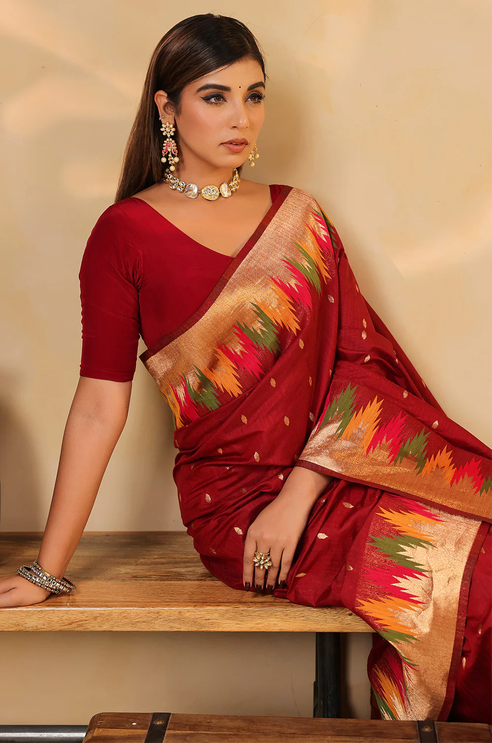 Maroon Cotton Silk Woven Saree - Image 10