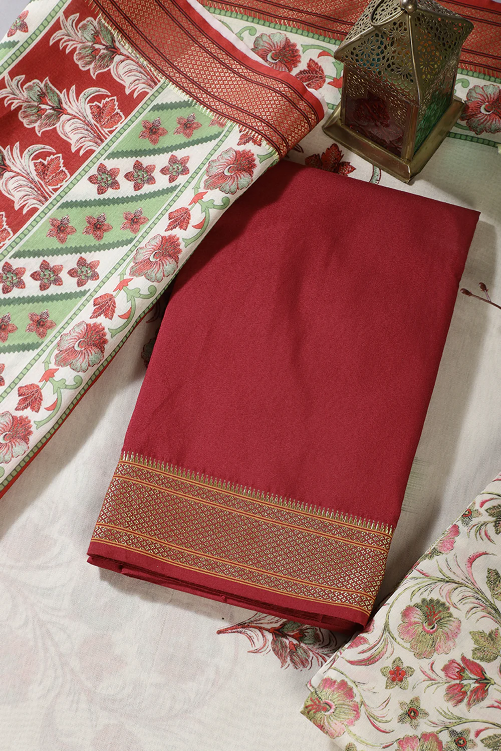 Maroon Cotton Unstitched Suit Material With Floral Printed Dupatta & Salwar - Image 3