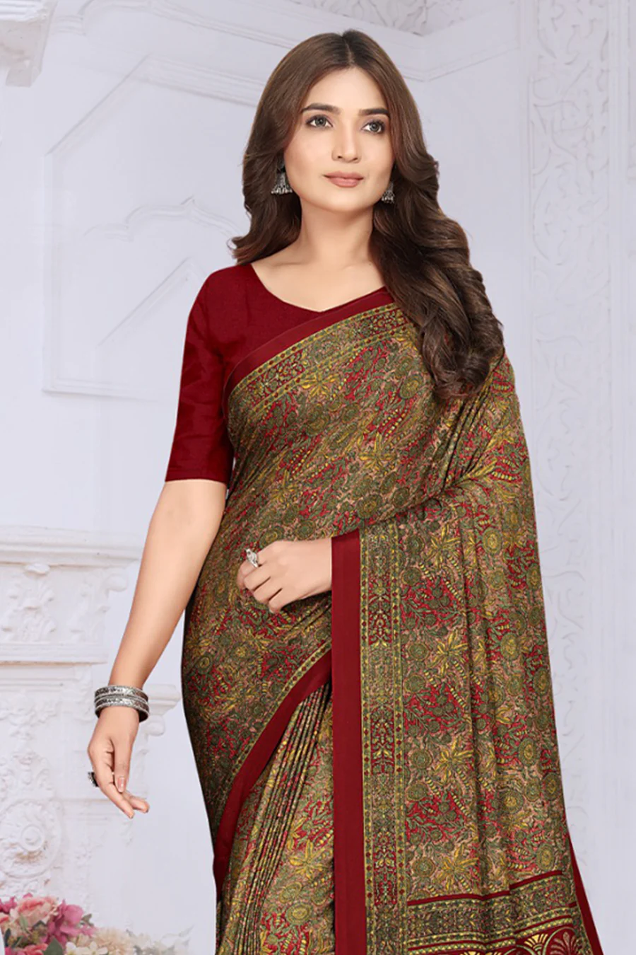 Maroon Crepe Printed Saree - Image 3