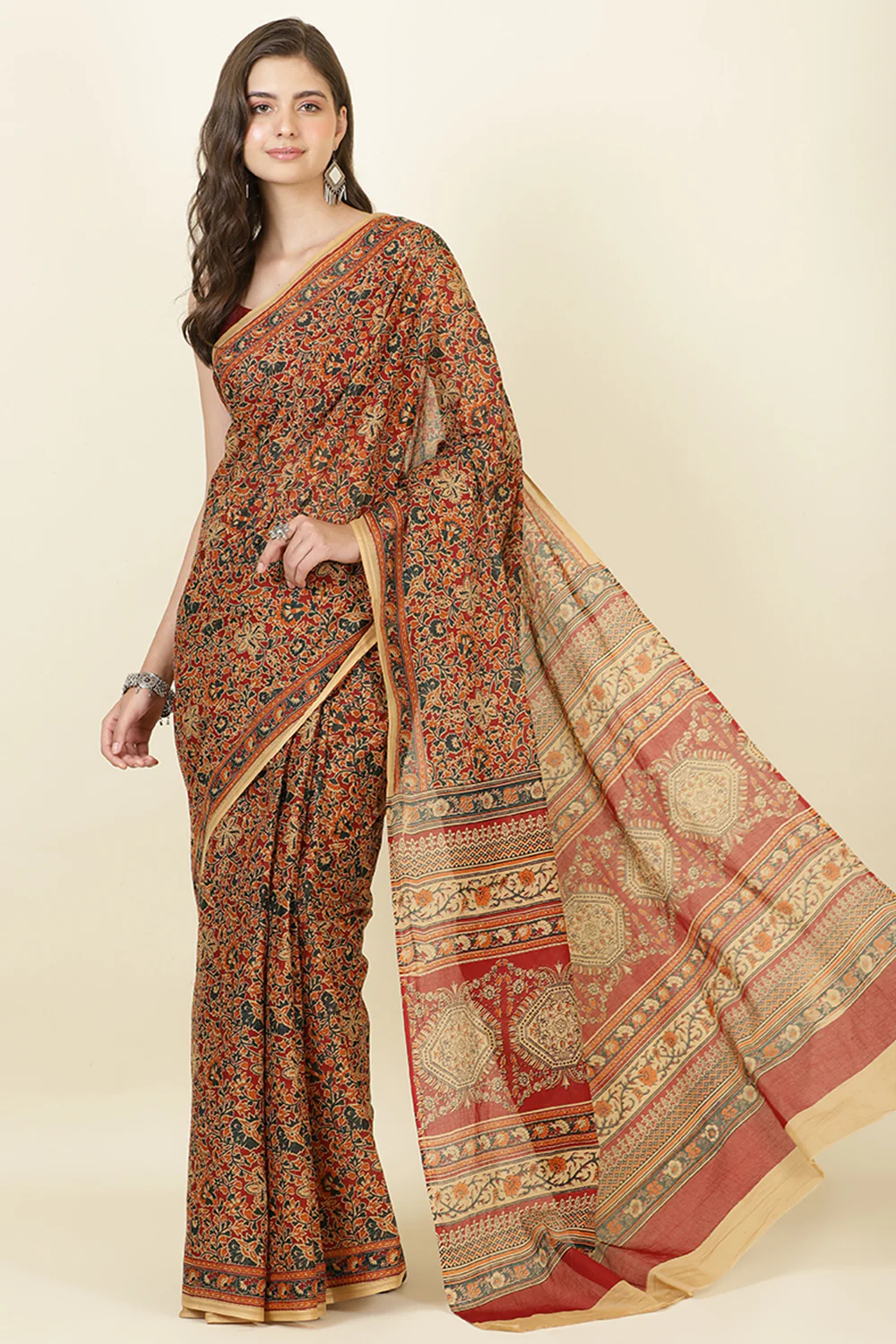 Maroon Kalamkari Printed Cotton Saree - Image 5