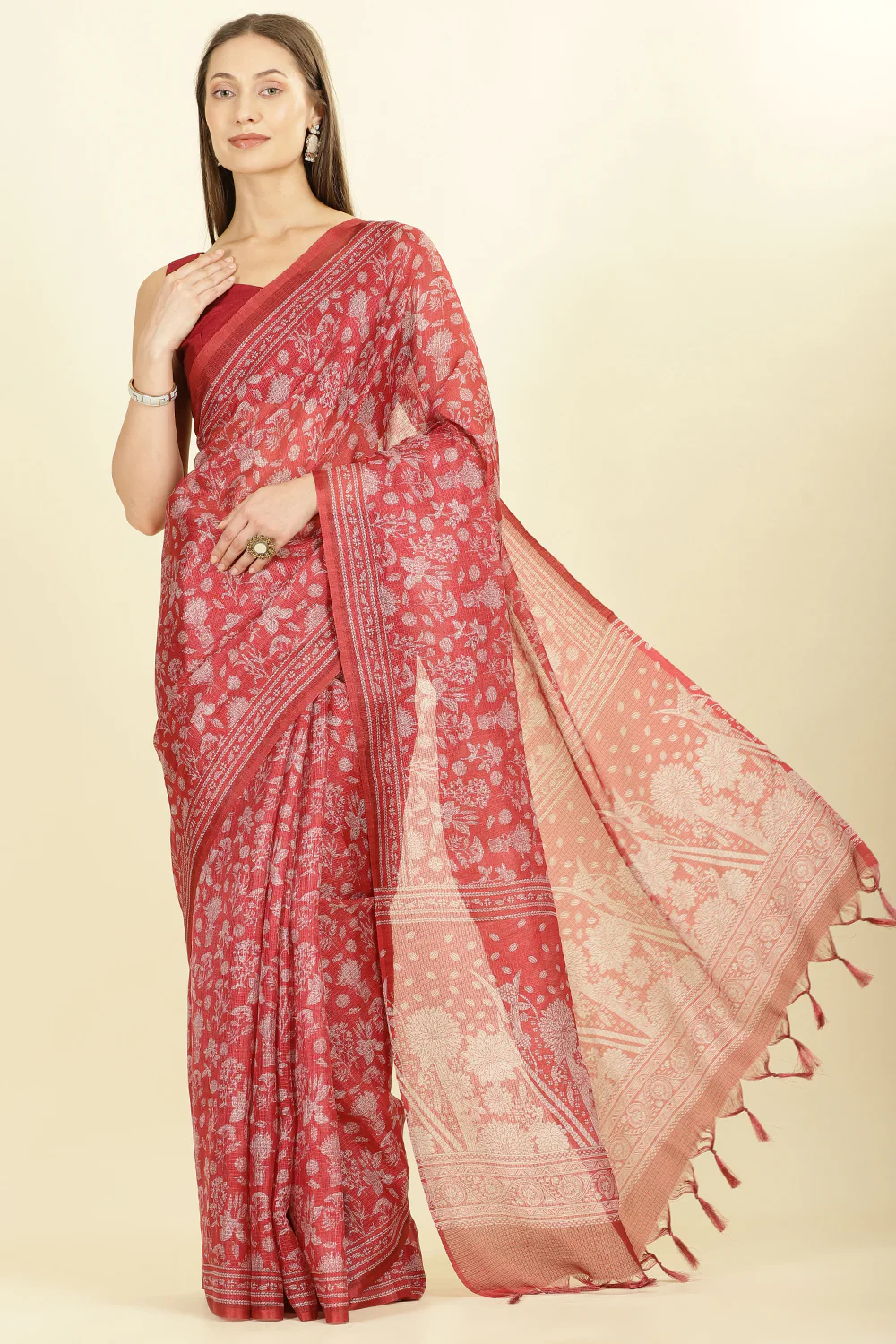 Maroon Kota Cotton Floral Jaal Printed Saree - Image 2