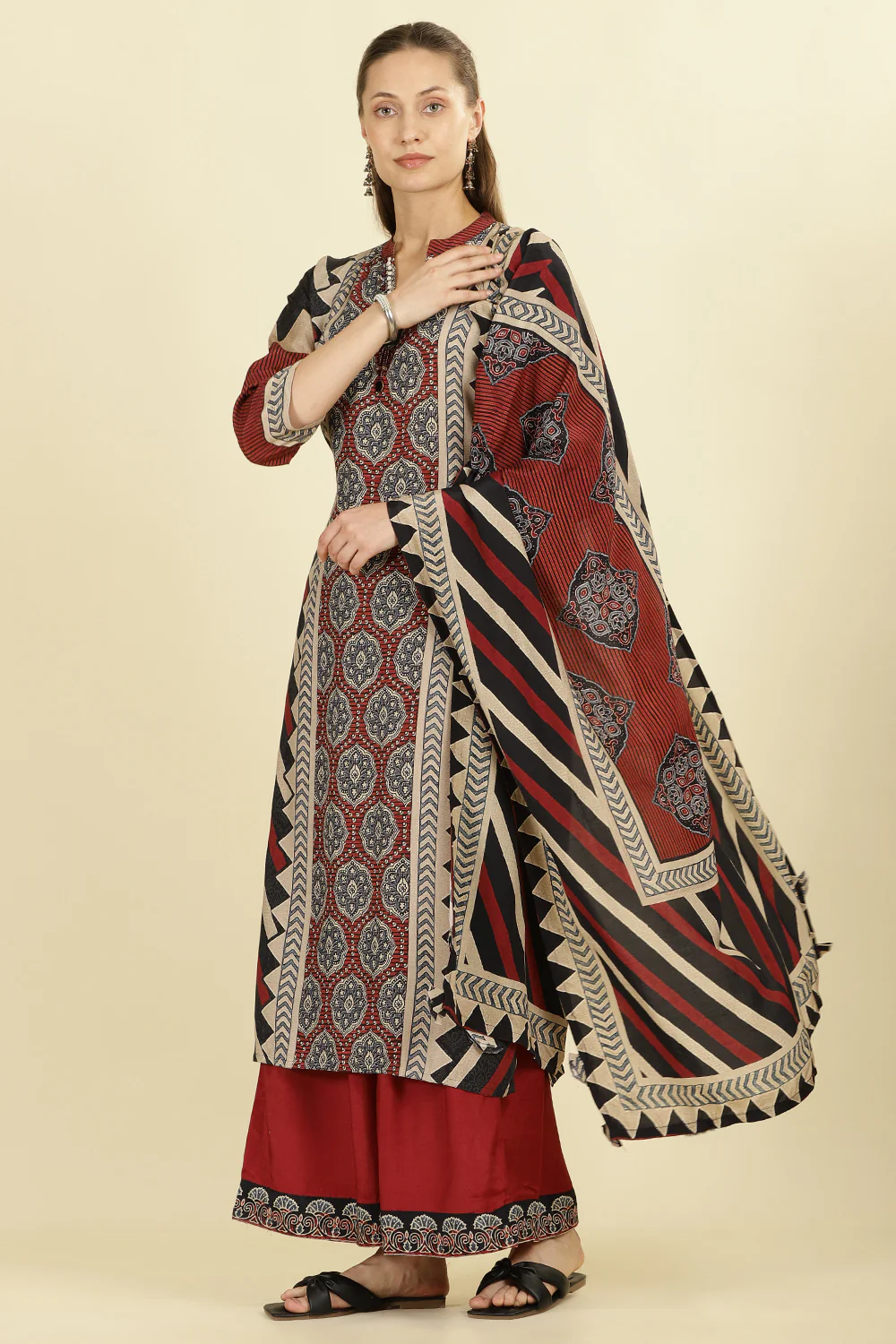 Maroon Muslin Ajrakh Printed Suit with Palazzo - Image 2