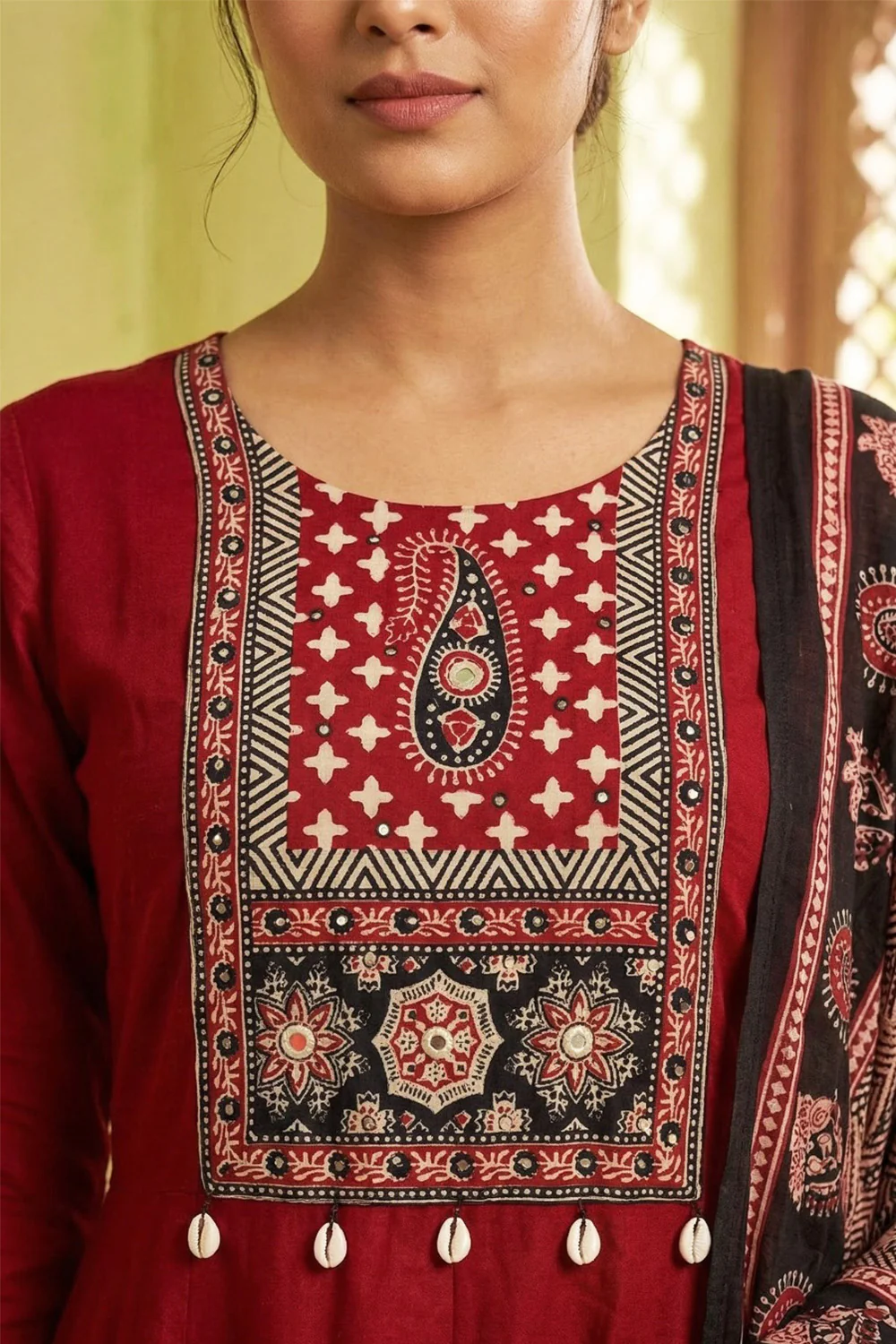 Maroon Neck-Printed Cotton Anarkali Suit - Image 2