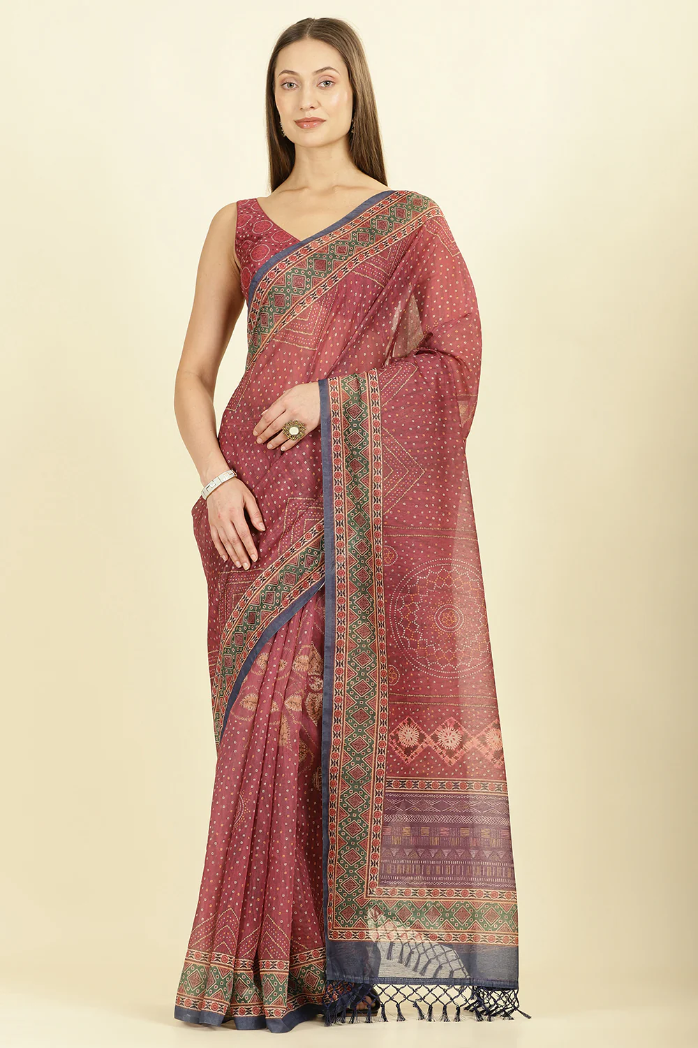 Maroon Organza Cotton Bandhani Block Printed Saree