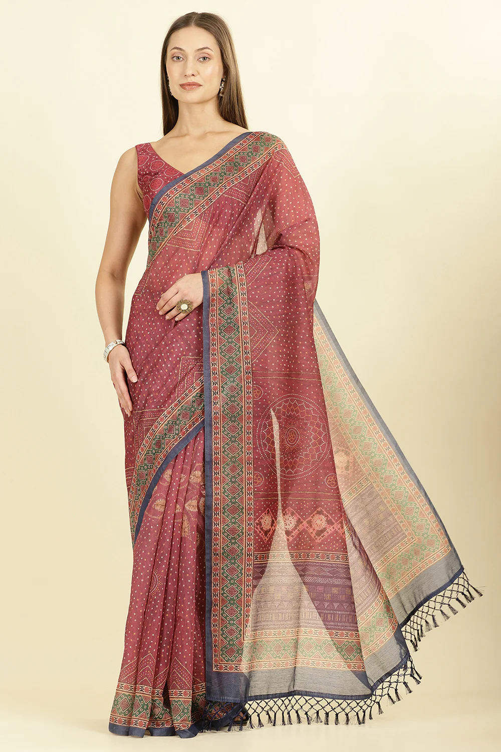 Maroon Organza Cotton Bandhani Block Printed Saree - Image 2