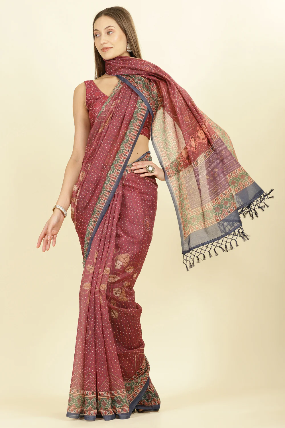 Maroon Organza Cotton Bandhani Block Printed Saree - Image 5