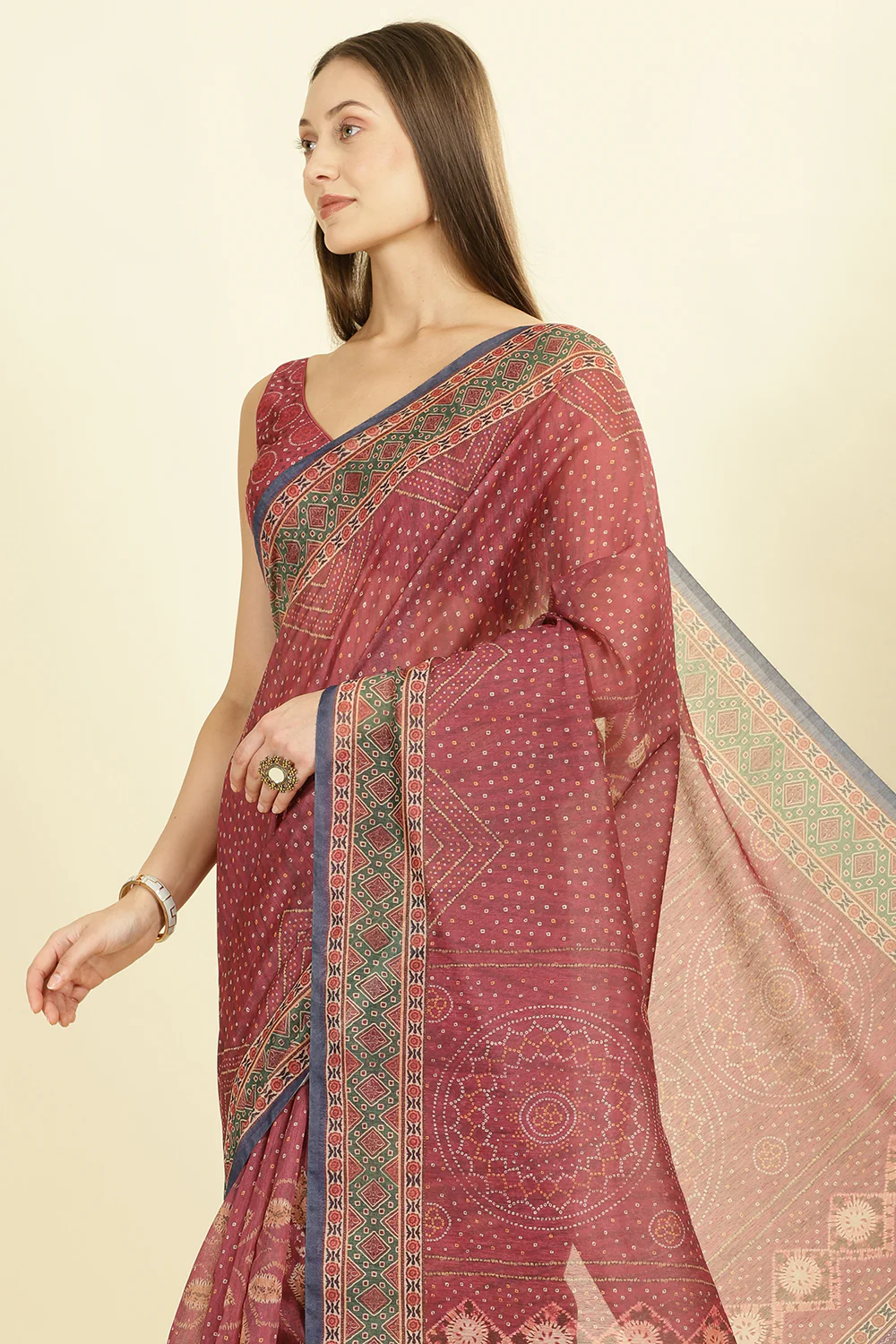 Maroon Organza Cotton Bandhani Block Printed Saree - Image 6