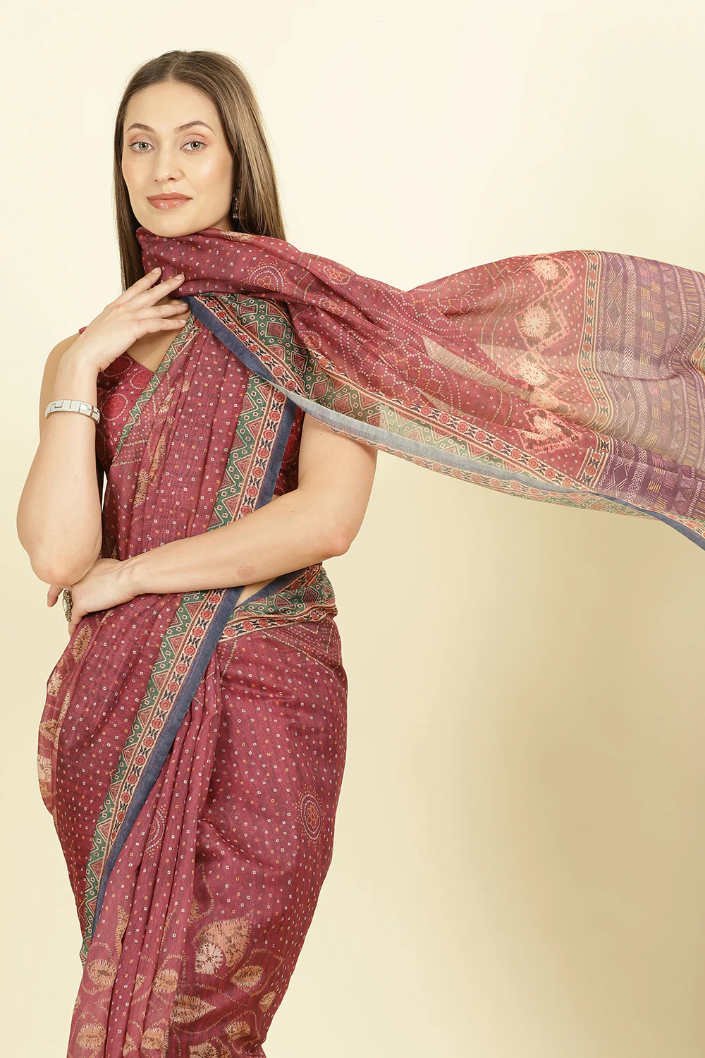 Maroon Organza Cotton Bandhani Block Printed Saree - Image 7