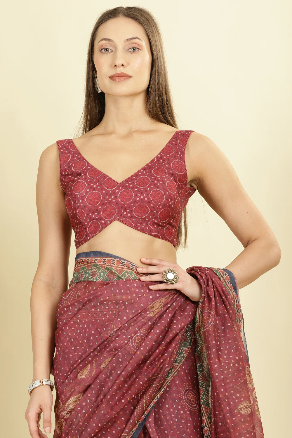Maroon Organza Cotton Bandhani Block Printed Saree - Image 8