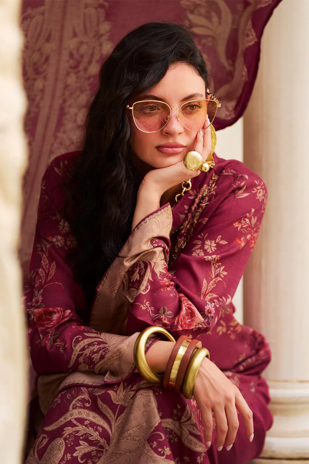 Maroon Spun Floral Printed Unstitched Suit Fabric - Image 2