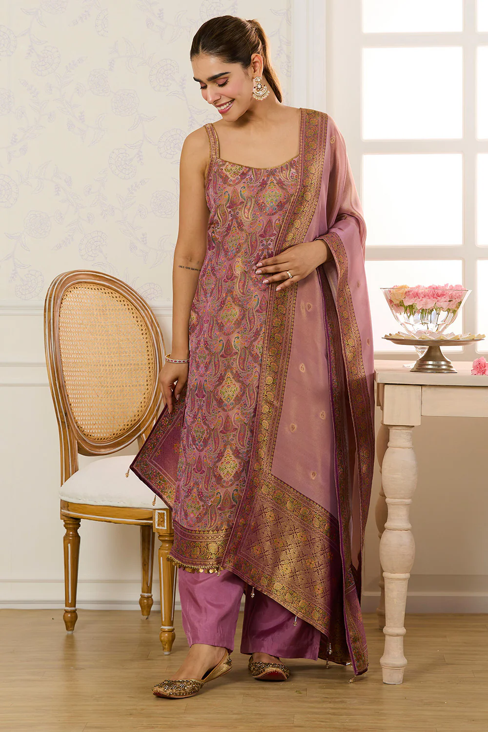 Mauve Banarasi Khaddi Georgette Woven Unstitched Suit Material - Image 4