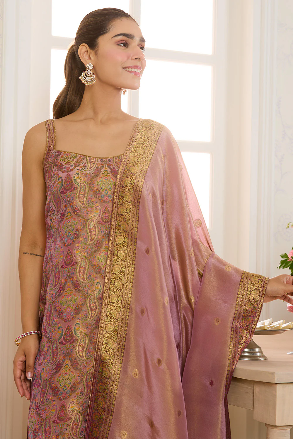 Mauve Banarasi Khaddi Georgette Woven Unstitched Suit Material - Image 5