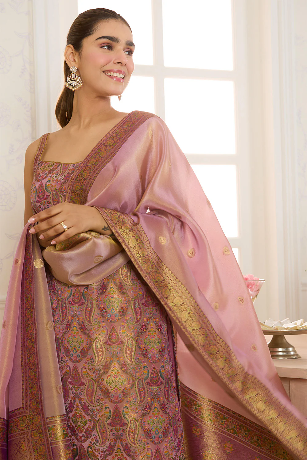 Mauve Banarasi Khaddi Georgette Woven Unstitched Suit Material - Image 6