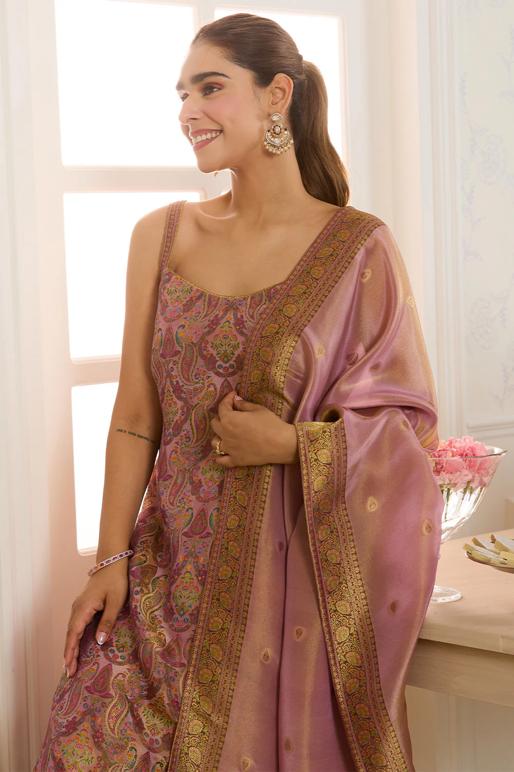 Mauve Banarasi Khaddi Georgette Woven Unstitched Suit Material - Image 7