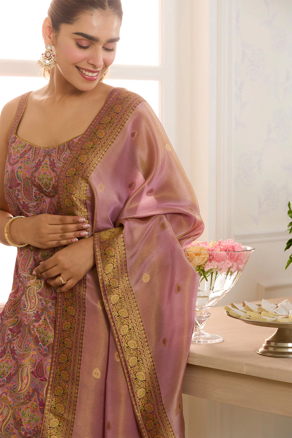 Mauve Banarasi Khaddi Georgette Woven Unstitched Suit Material - Image 8