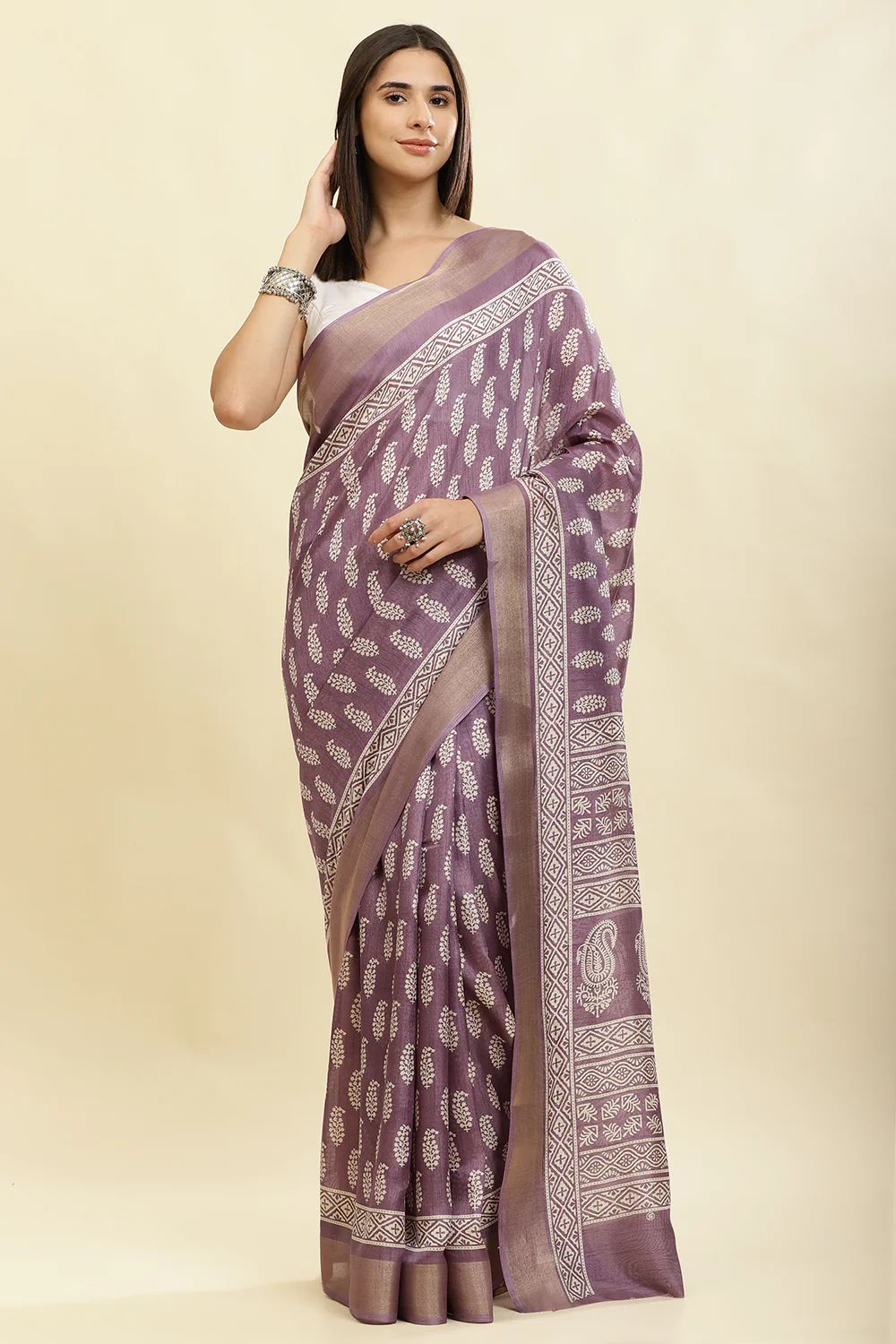 Purple Color Cotton Silk Boota Printed And Zari Woven Saree