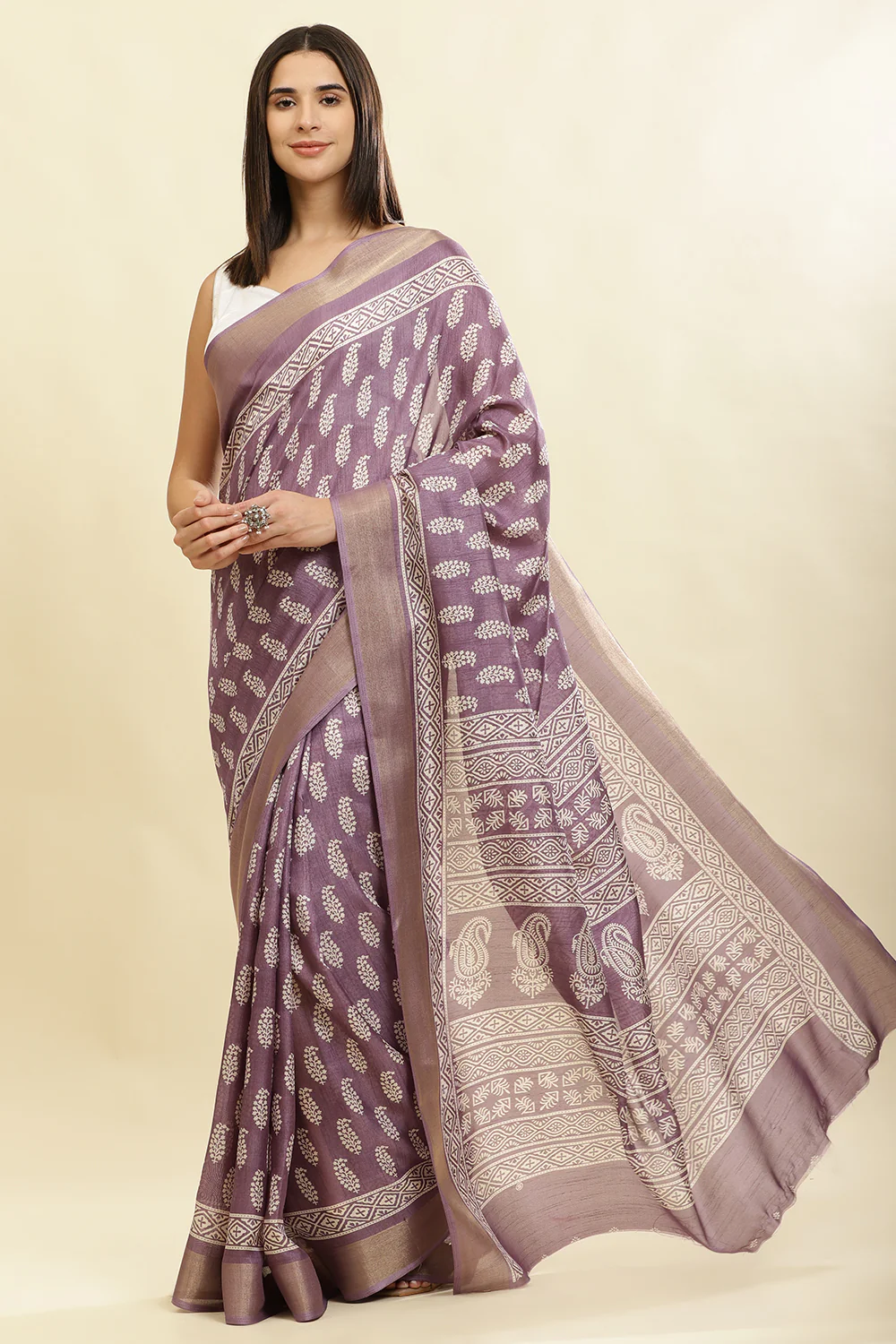 Purple Color Cotton Silk Boota Printed And Zari Woven Saree - Image 3