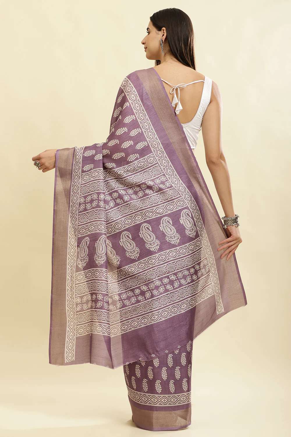 Purple Color Cotton Silk Boota Printed And Zari Woven Saree - Image 5