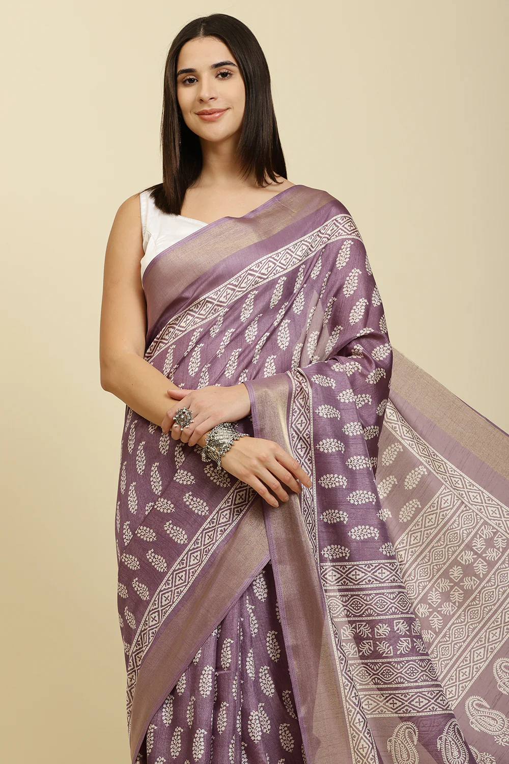 Purple Color Cotton Silk Boota Printed And Zari Woven Saree - Image 6