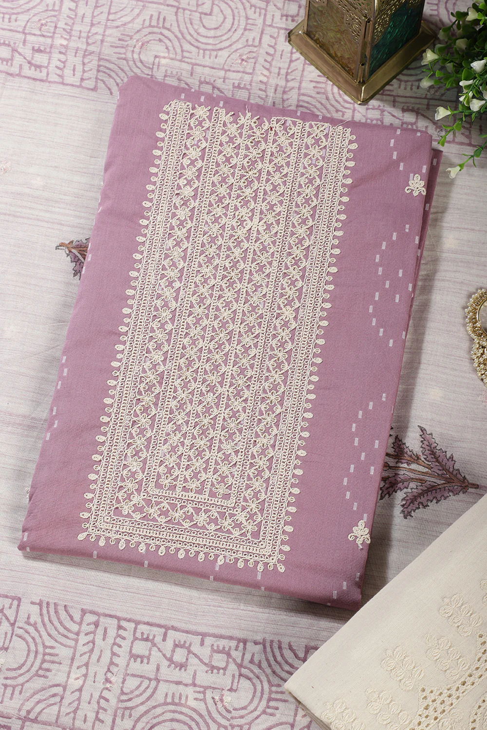 Mauve Colour Cotton Printed & Resham Neck Embroidered Unstitched Suit - Image 2
