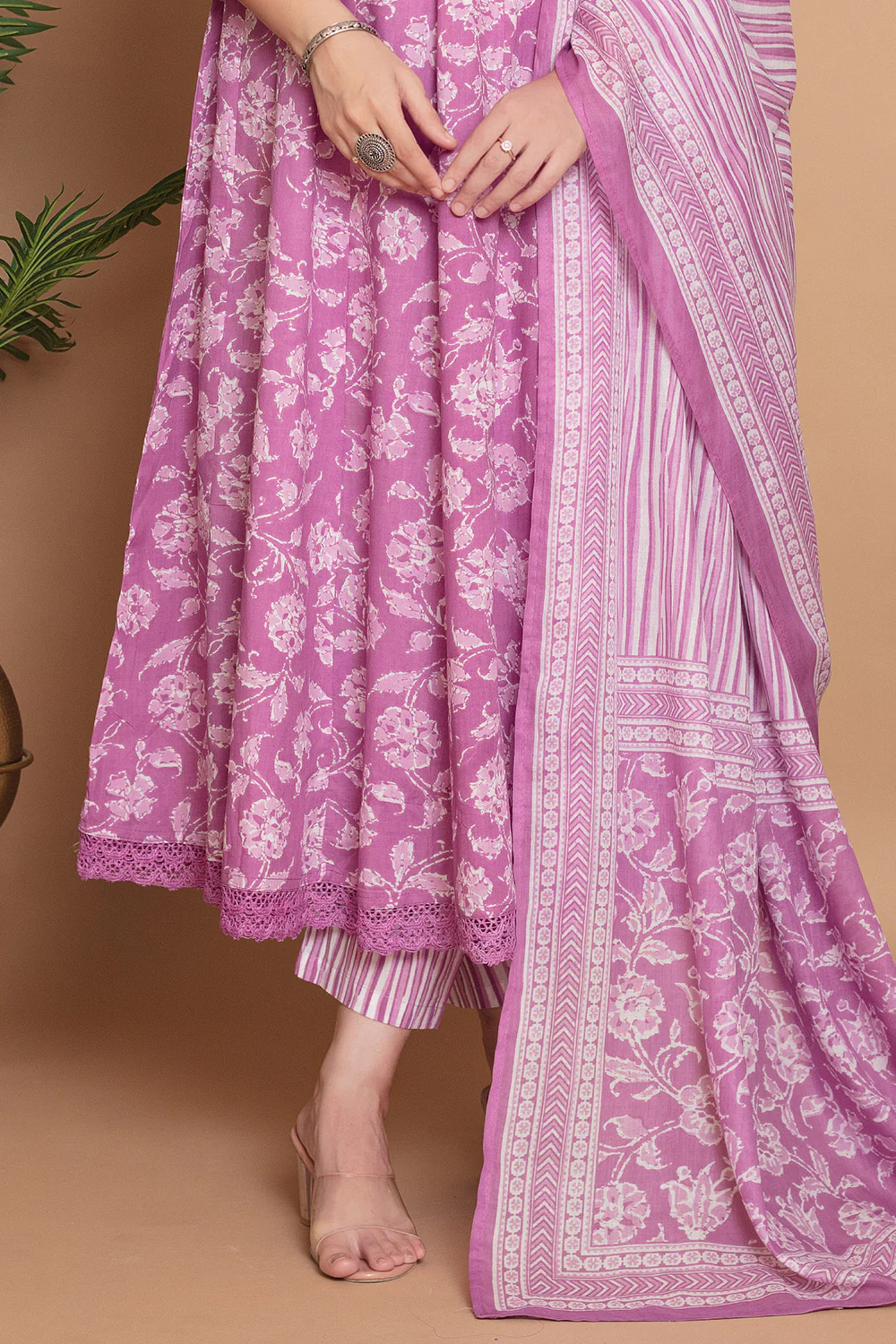 Mauve Cotton Floral Printed Anarkali Suit - Image 3