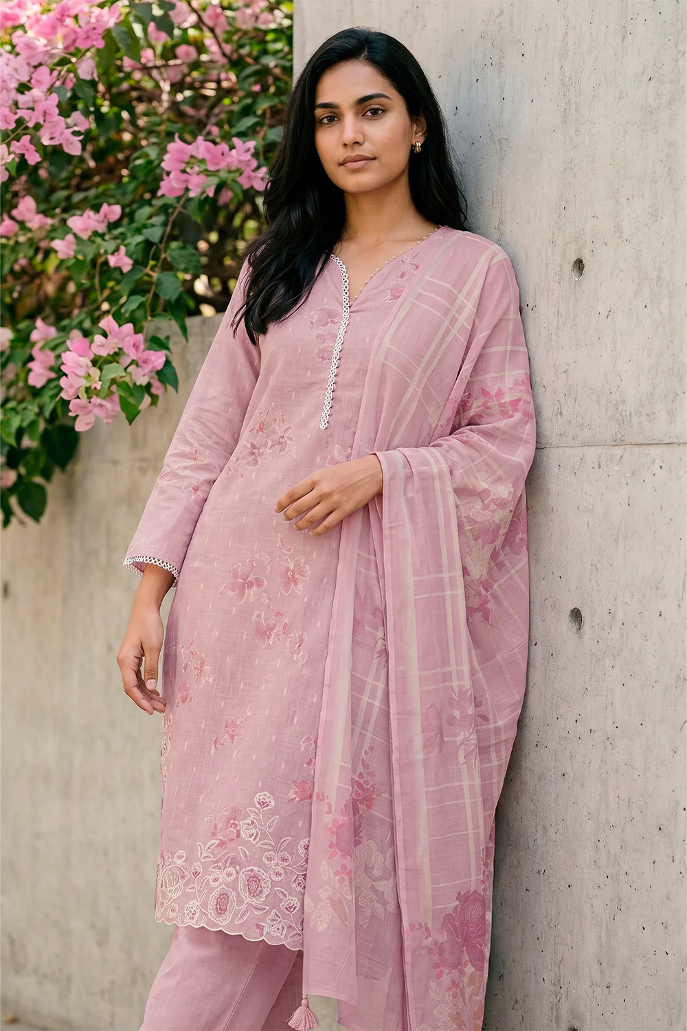 Mauve Cotton Floral Resham Embroidered and Printed Unstitched Suit Material - Image 2