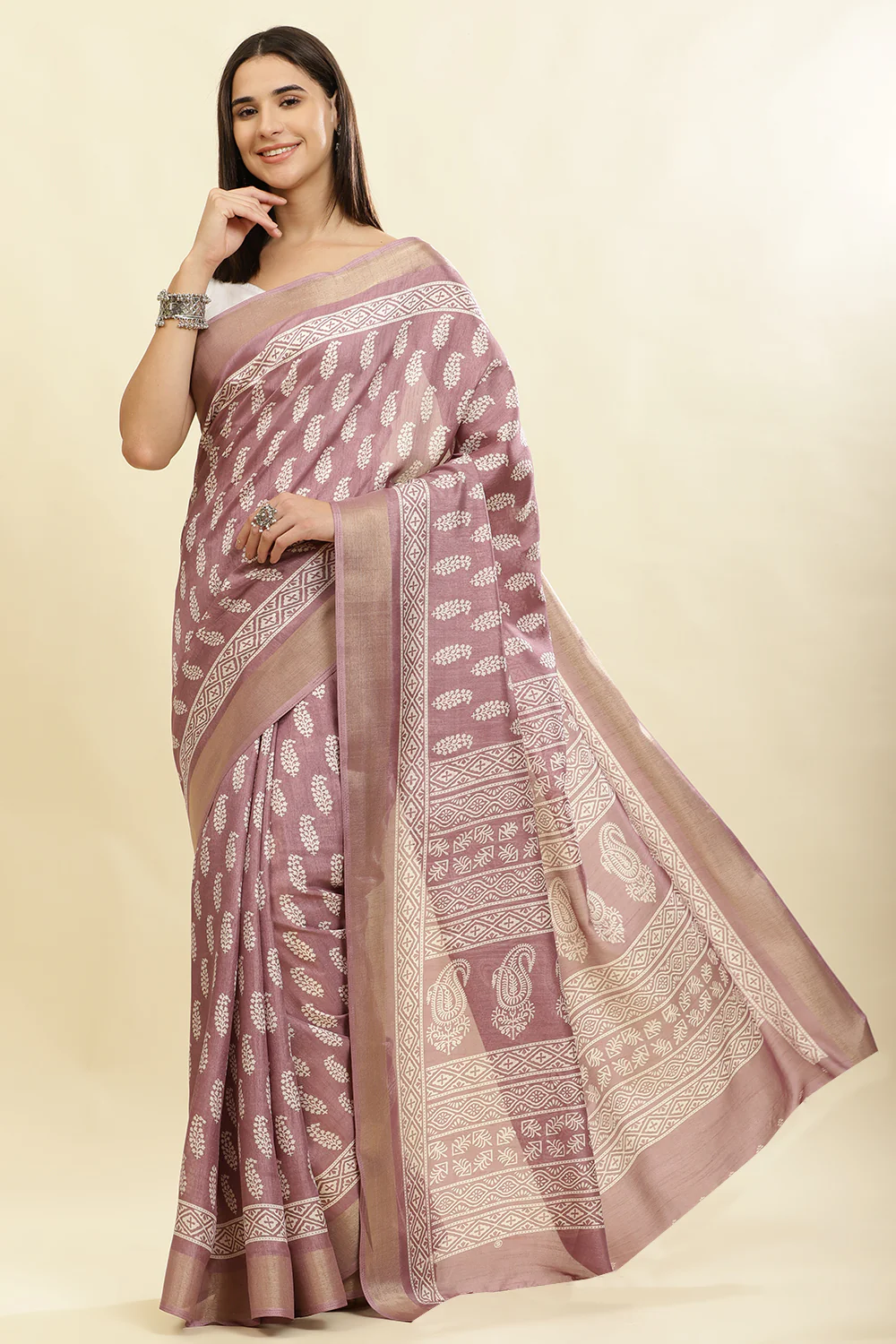Mauve Cotton Silk Boota Printed And Zari Woven Saree - Image 3