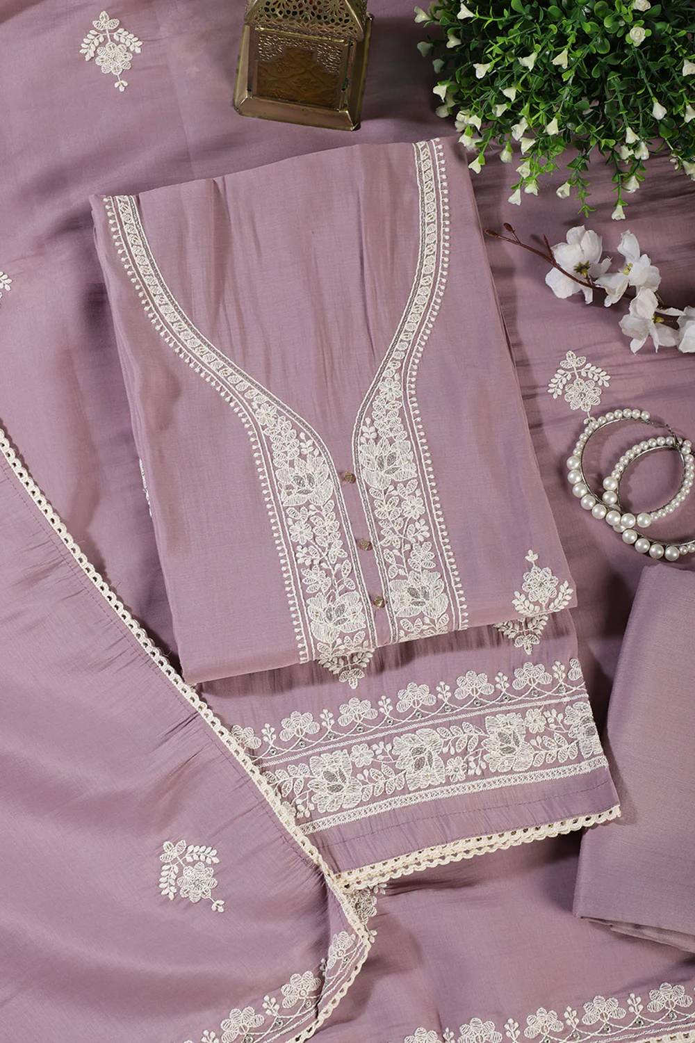 Mauve Muslin Resham Embroidered Unstitched Suit Material