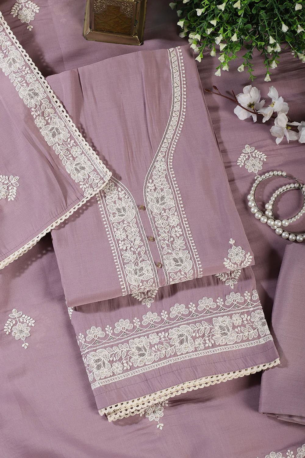 Mauve Muslin Resham Embroidered Unstitched Suit Material - Image 2