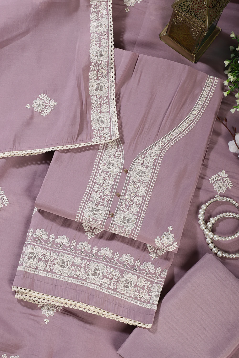 Mauve Muslin Resham Embroidered Unstitched Suit Material - Image 3
