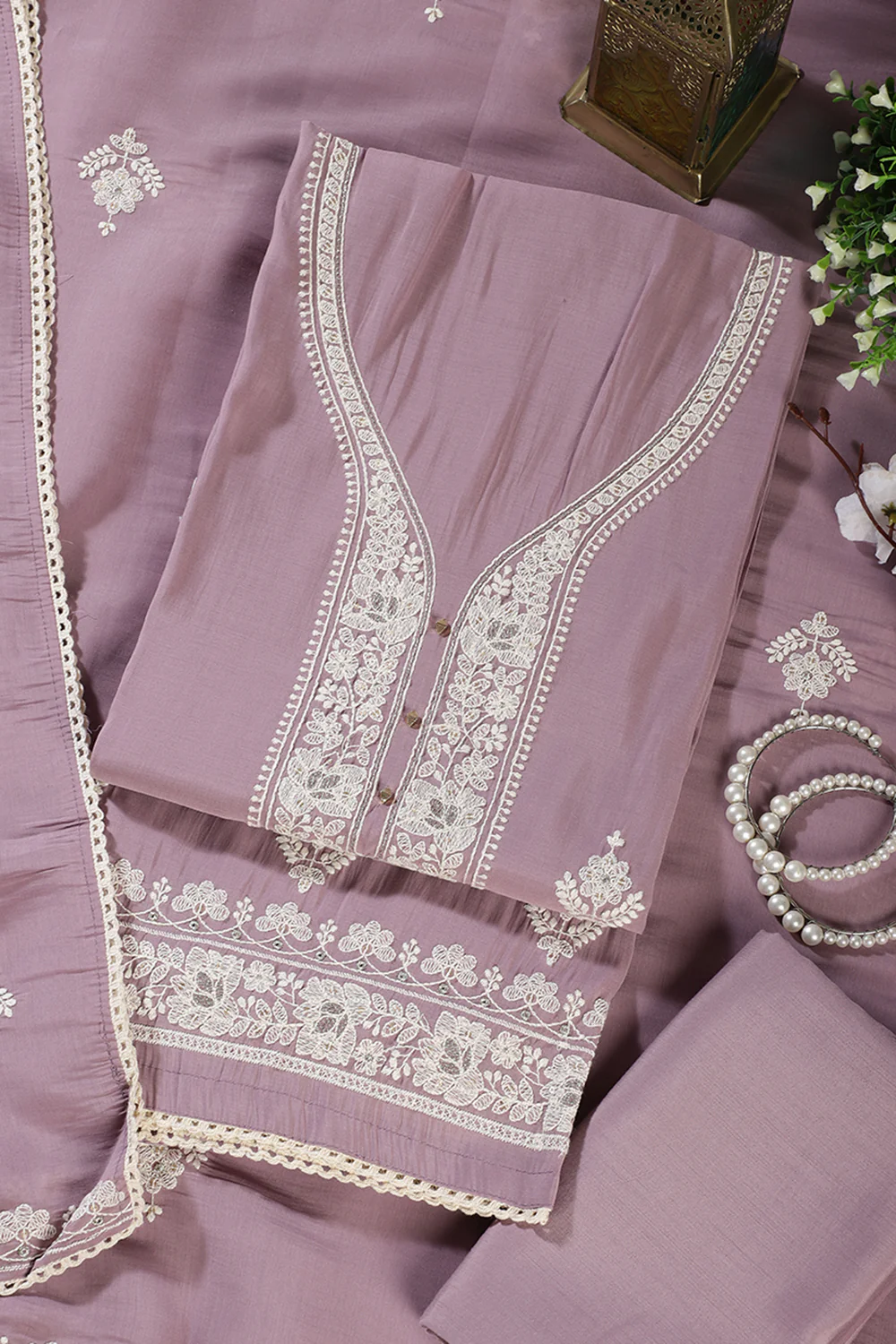 Mauve Muslin Resham Embroidered Unstitched Suit Material - Image 4