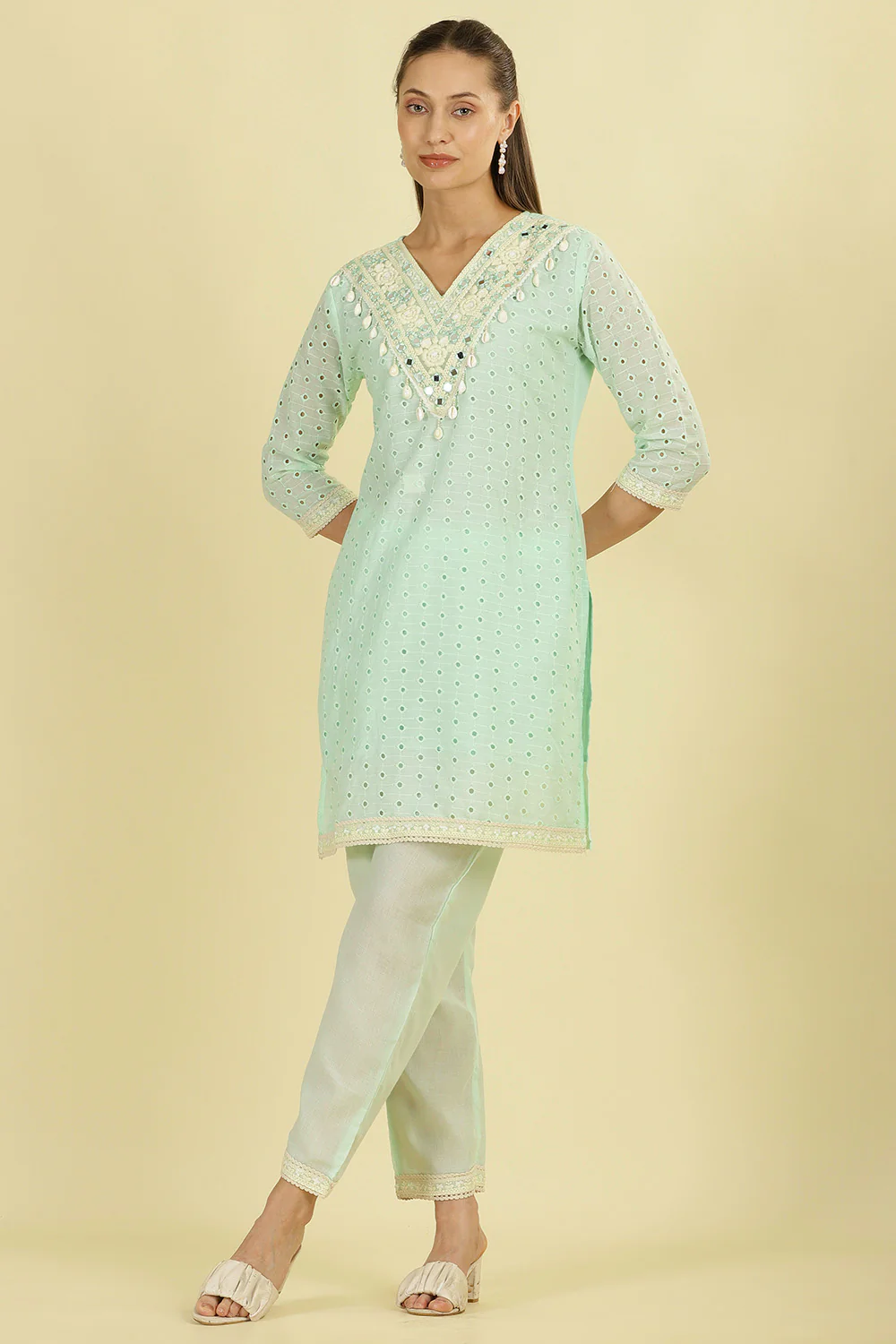Mint Blue Cotton Hacoba Style Neck-Embroidered Kurta Set - Image 5