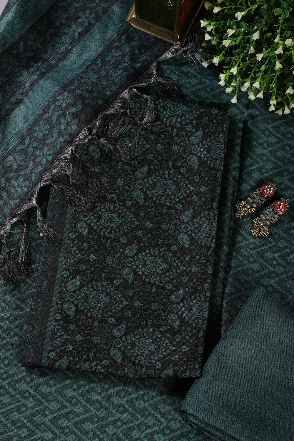 Mint Green And Black Digital Printed Chanderi Cotton Unstiched Suit Material - Image 5