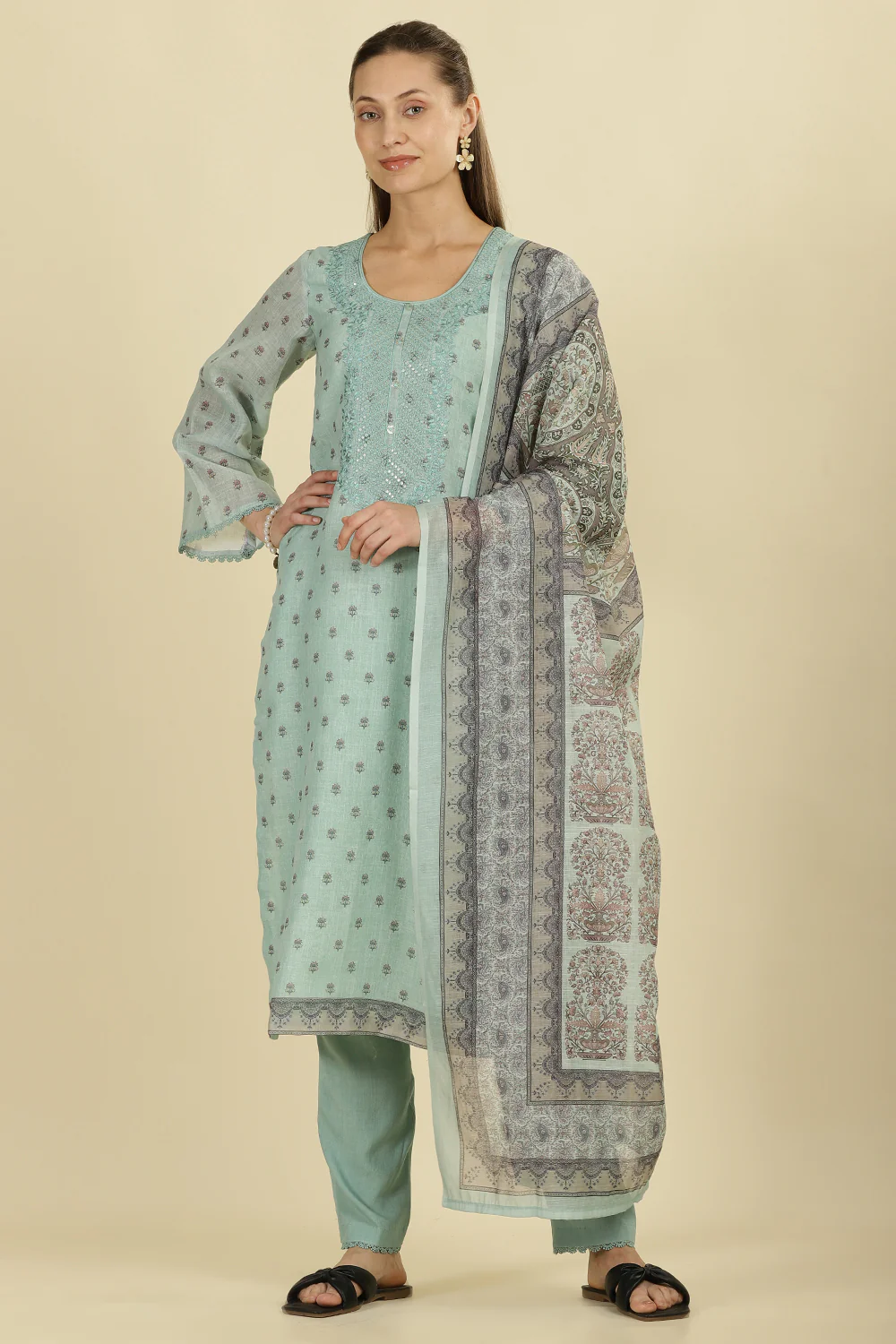 Mint Green Cotton Floral Printed And Neck-EmborideredUnstitched Suit Material - Image 2