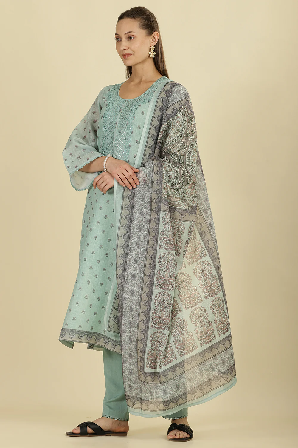 Mint Green Cotton Floral Printed And Neck-EmborideredUnstitched Suit Material - Image 4