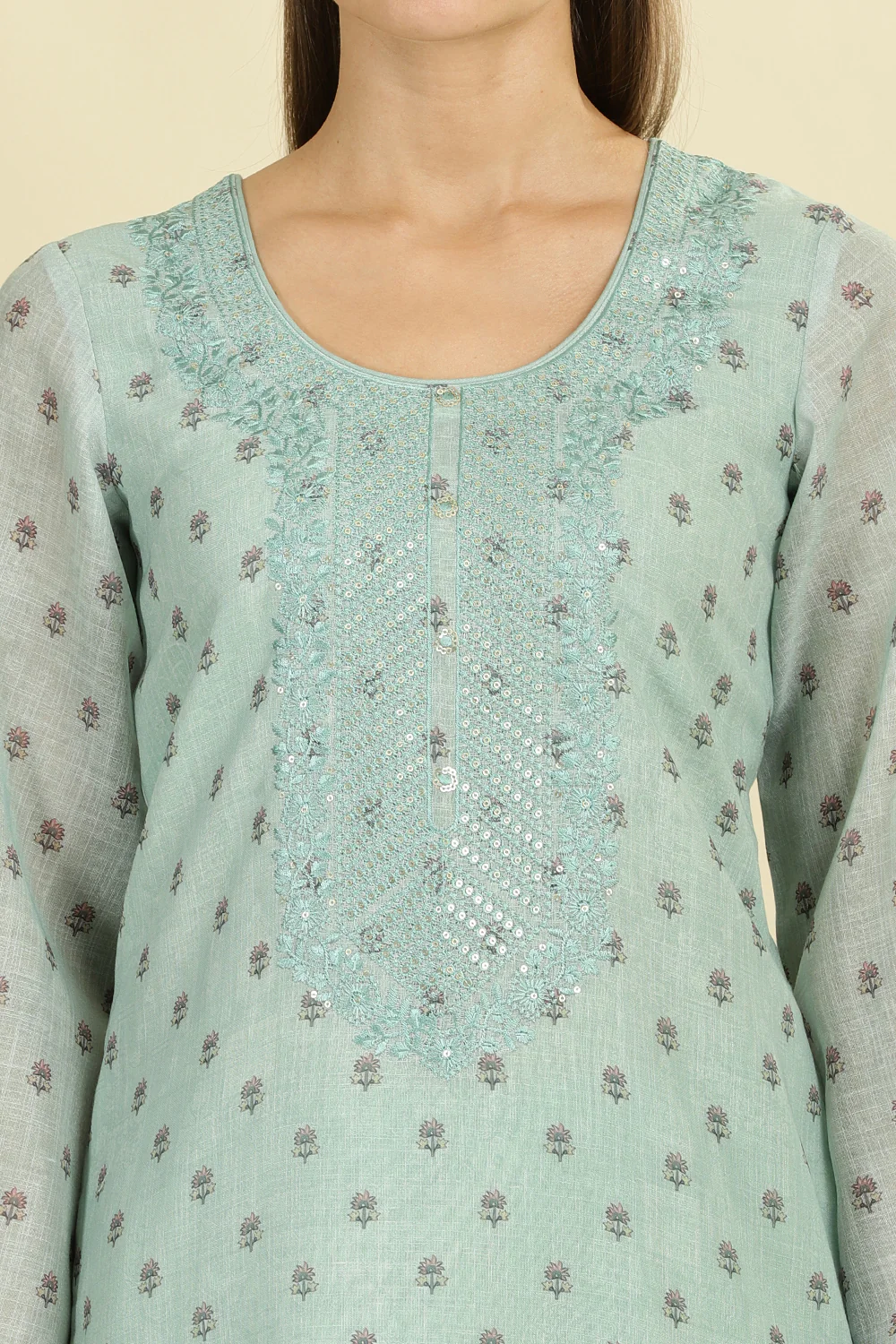 Mint Green Cotton Floral Printed And Neck-EmborideredUnstitched Suit Material - Image 6