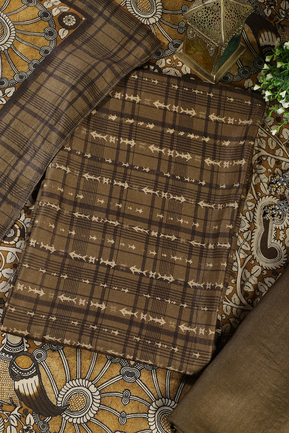Moss Green Printed Spun Unstitched Suit Fabric