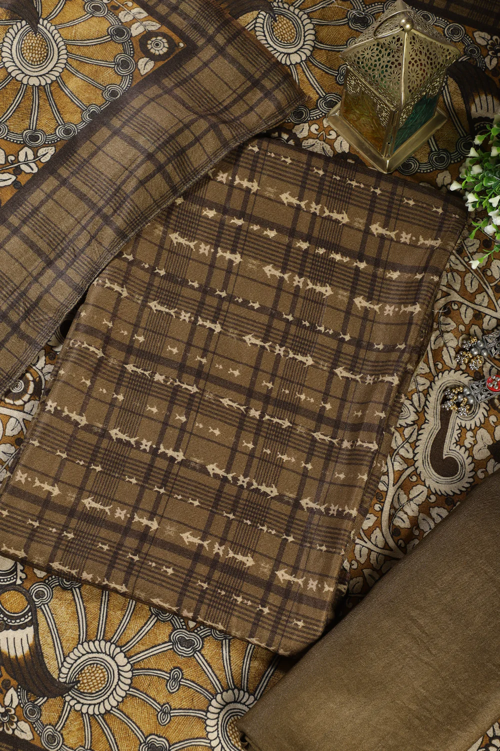 Moss Green Printed Spun Unstitched Suit Fabric - Image 3