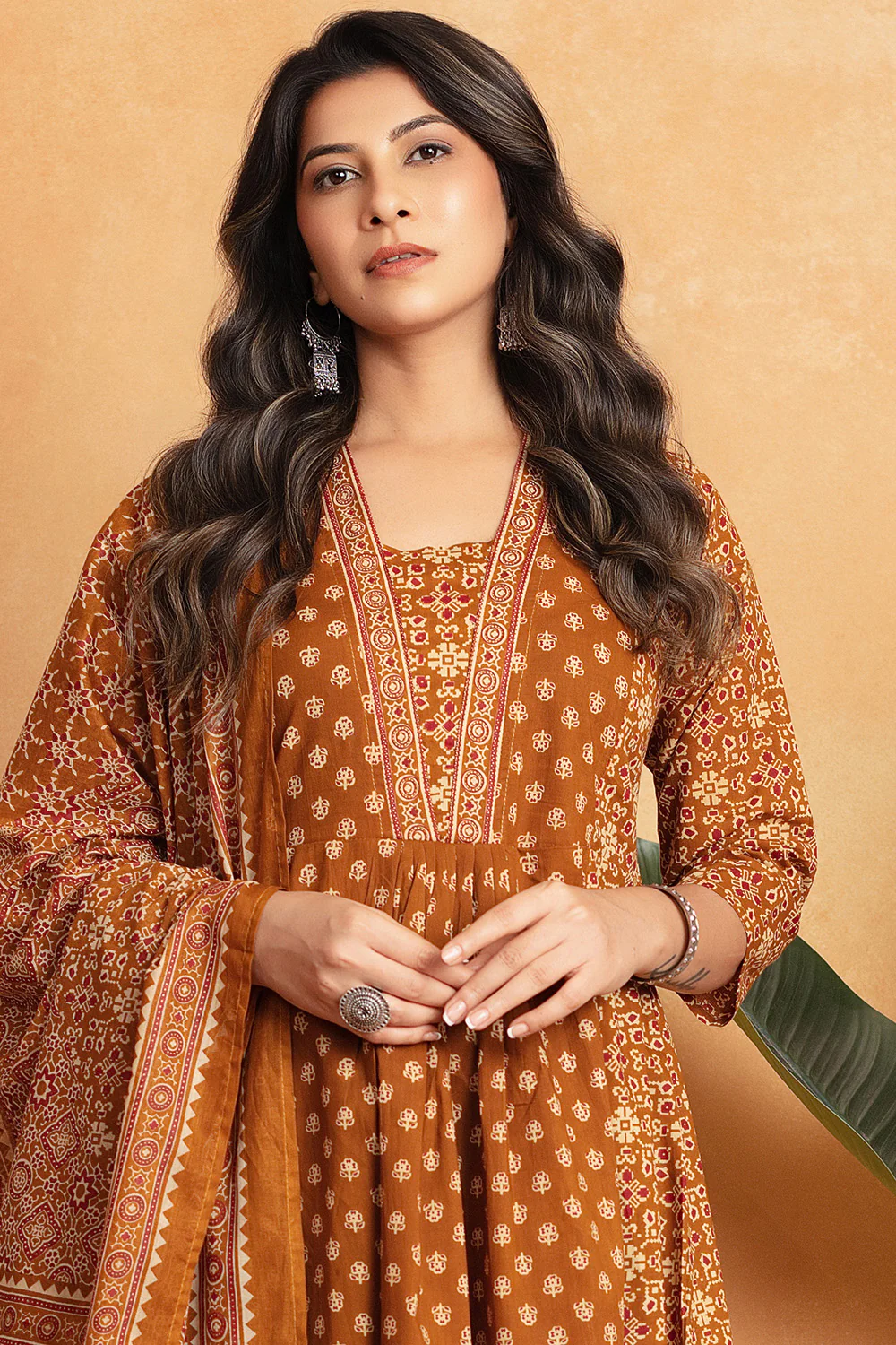 Mustard Ajrakh Printed Cotton Anarkali Suit - Image 2
