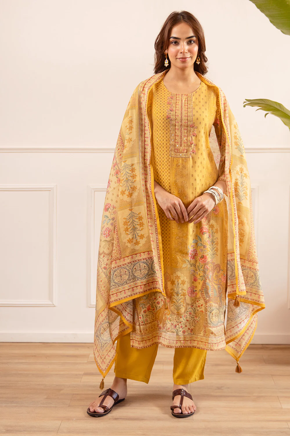 Mustard Chanderi Silk Printed Straight Suit - Image 2