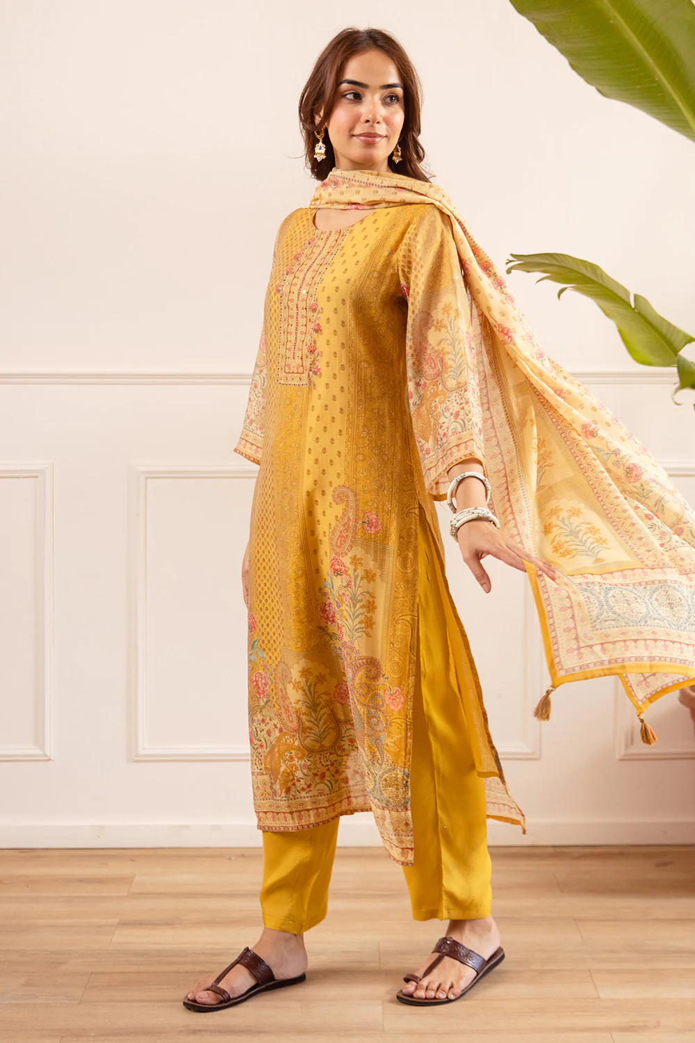 Mustard Chanderi Silk Printed Straight Suit - Image 4