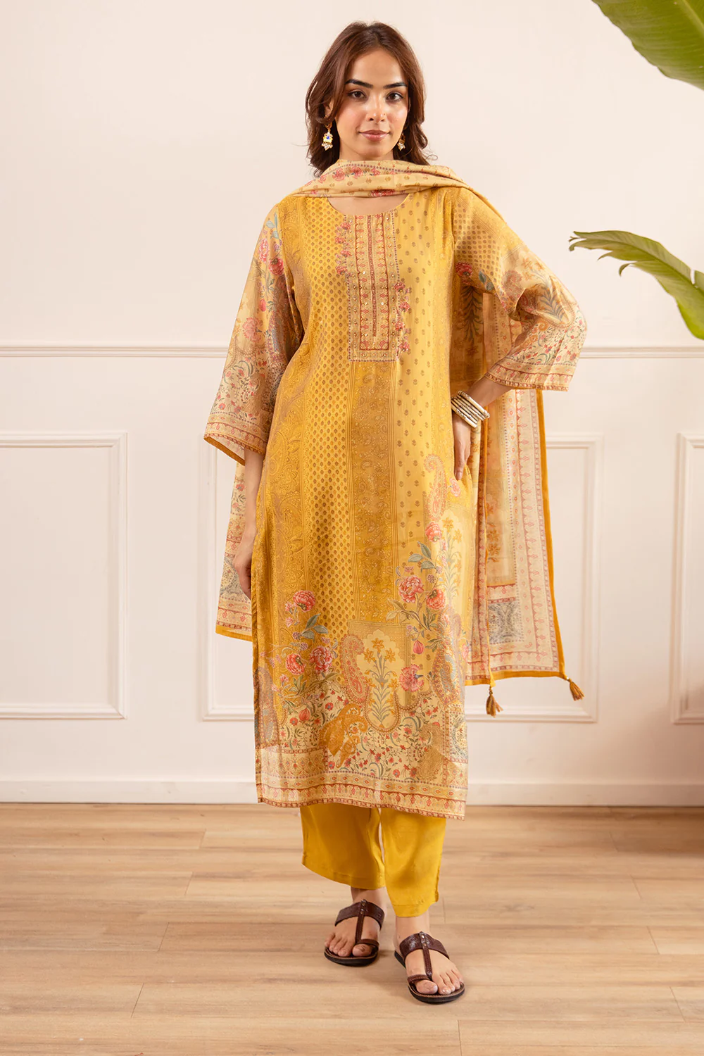 Mustard Chanderi Silk Printed Straight Suit - Image 5