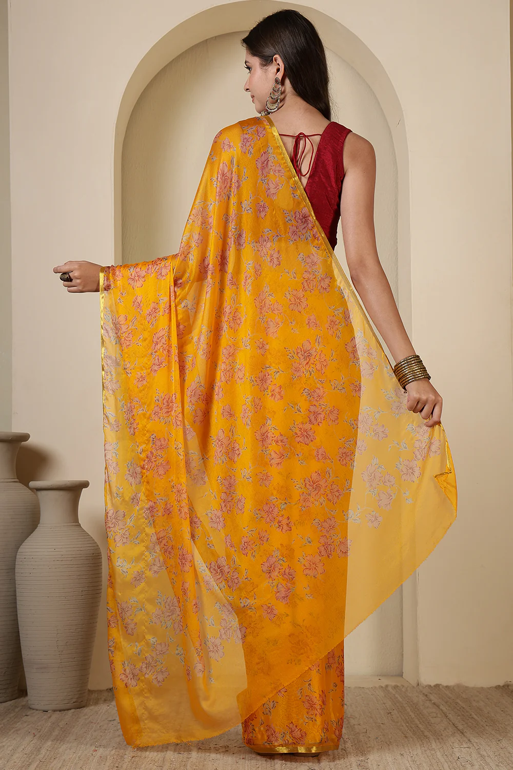 Mustard Chiffon Floral Zari Border & Floral Printed Saree - Image 3