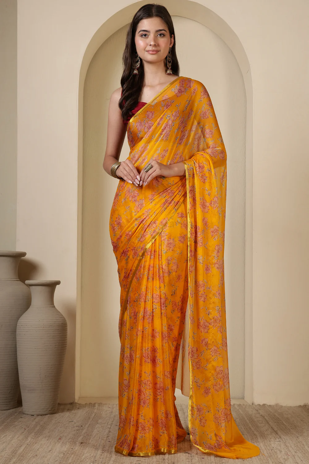 Mustard Chiffon Floral Zari Border & Floral Printed Saree - Image 4