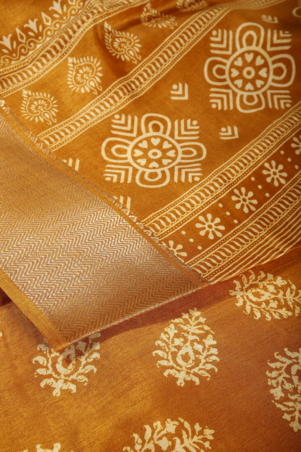 Mustard Color Block Printed Cotton Silk Saree - Image 2