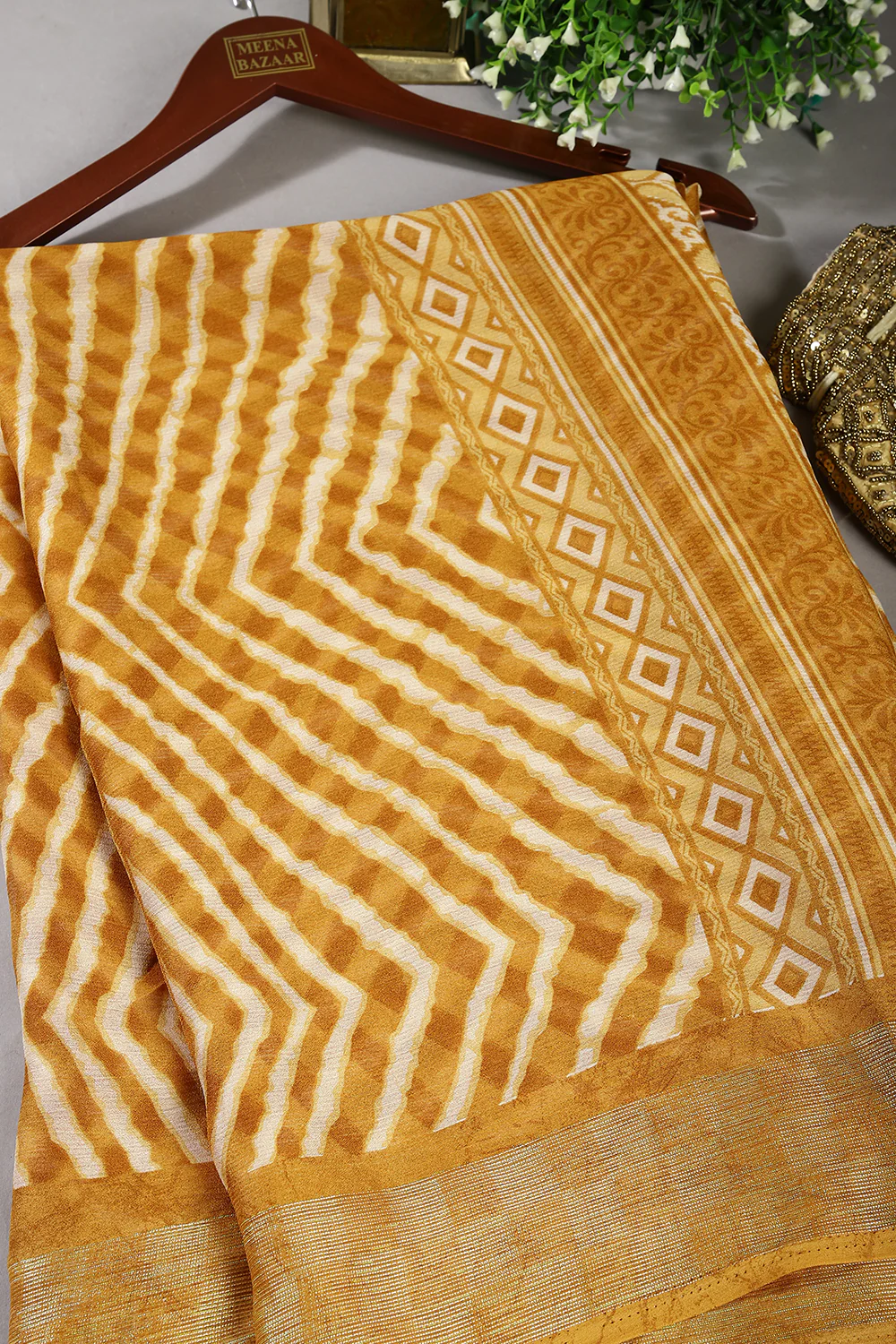 Mustard Color Chiffon Leheriya Printed Saree - Image 4