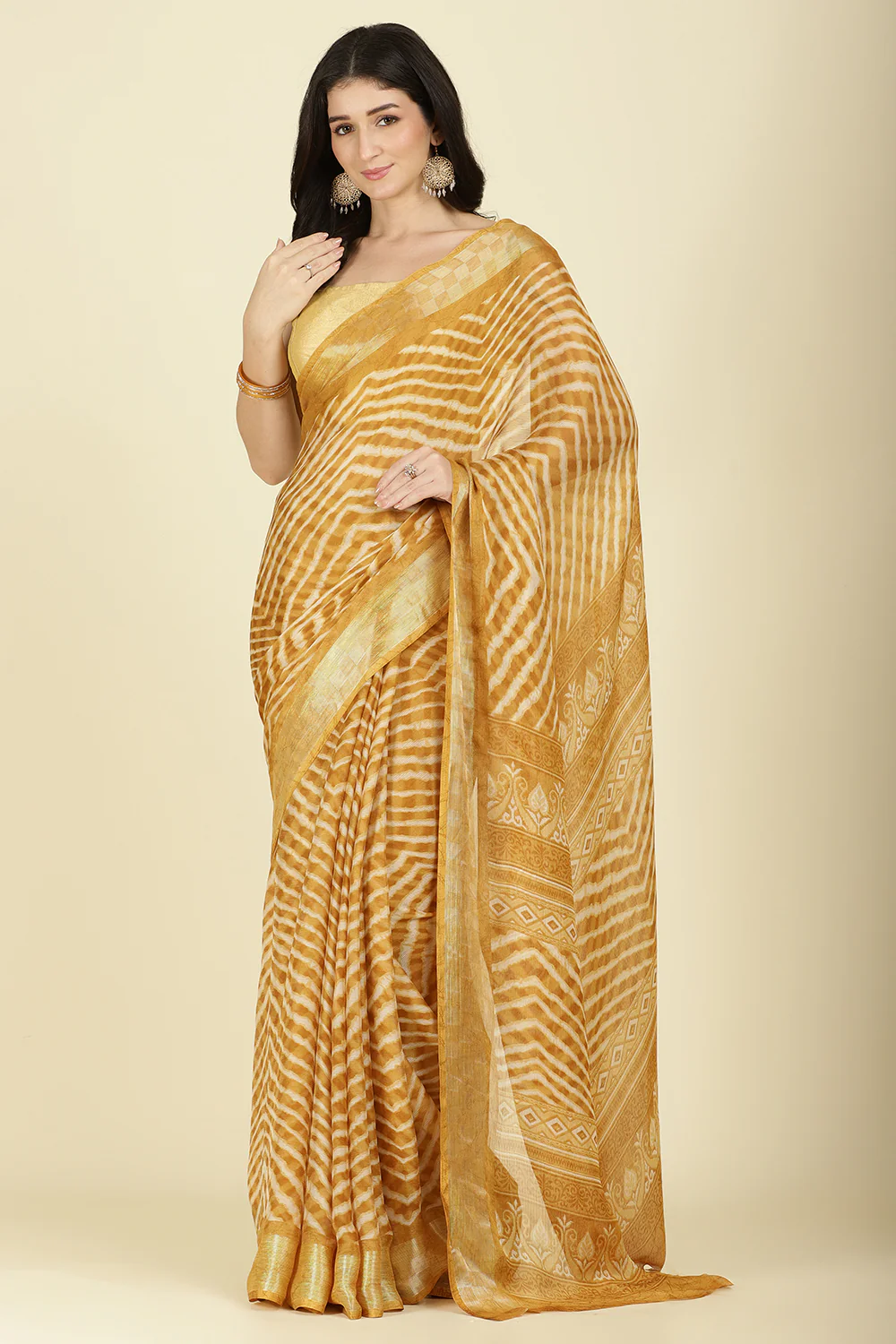 Mustard Color Chiffon Leheriya Printed Saree - Image 6