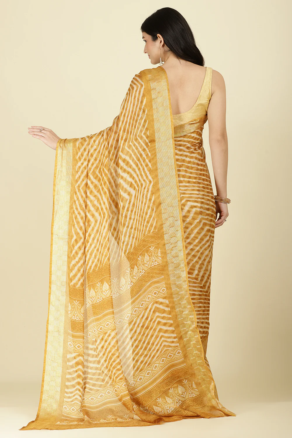 Mustard Color Chiffon Leheriya Printed Saree - Image 9