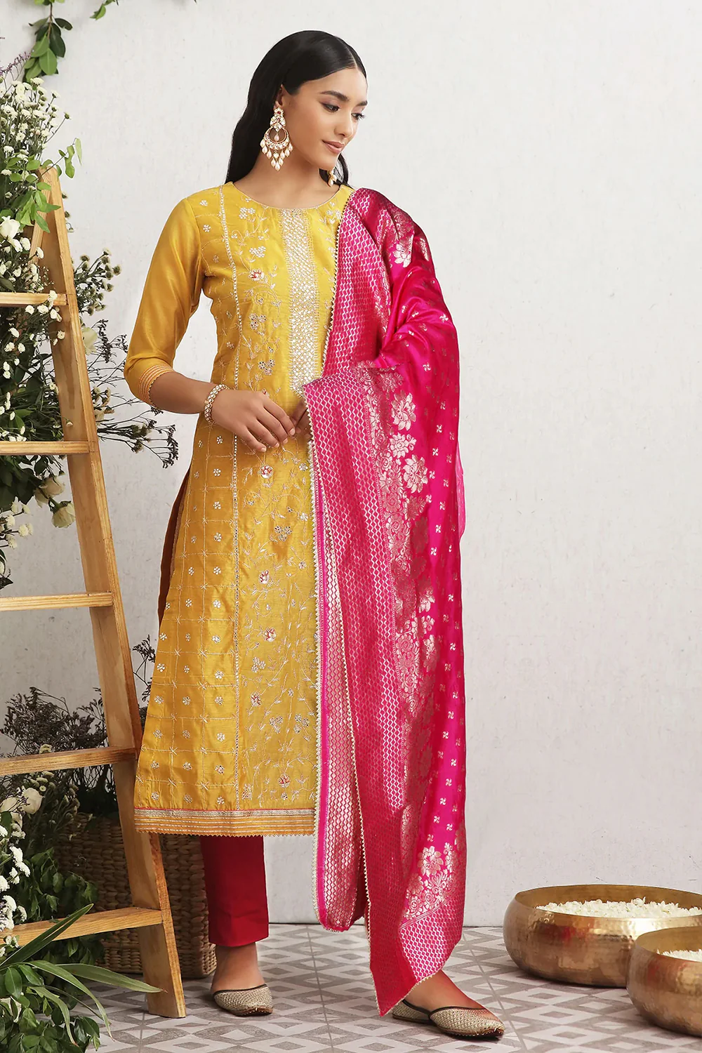 Mustard Colour Chanderi Suit Material.